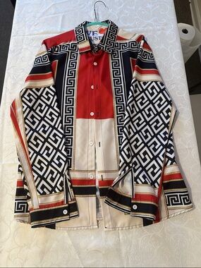 Bold Geo Print Button-Up Shirt in Red, Black & Cream